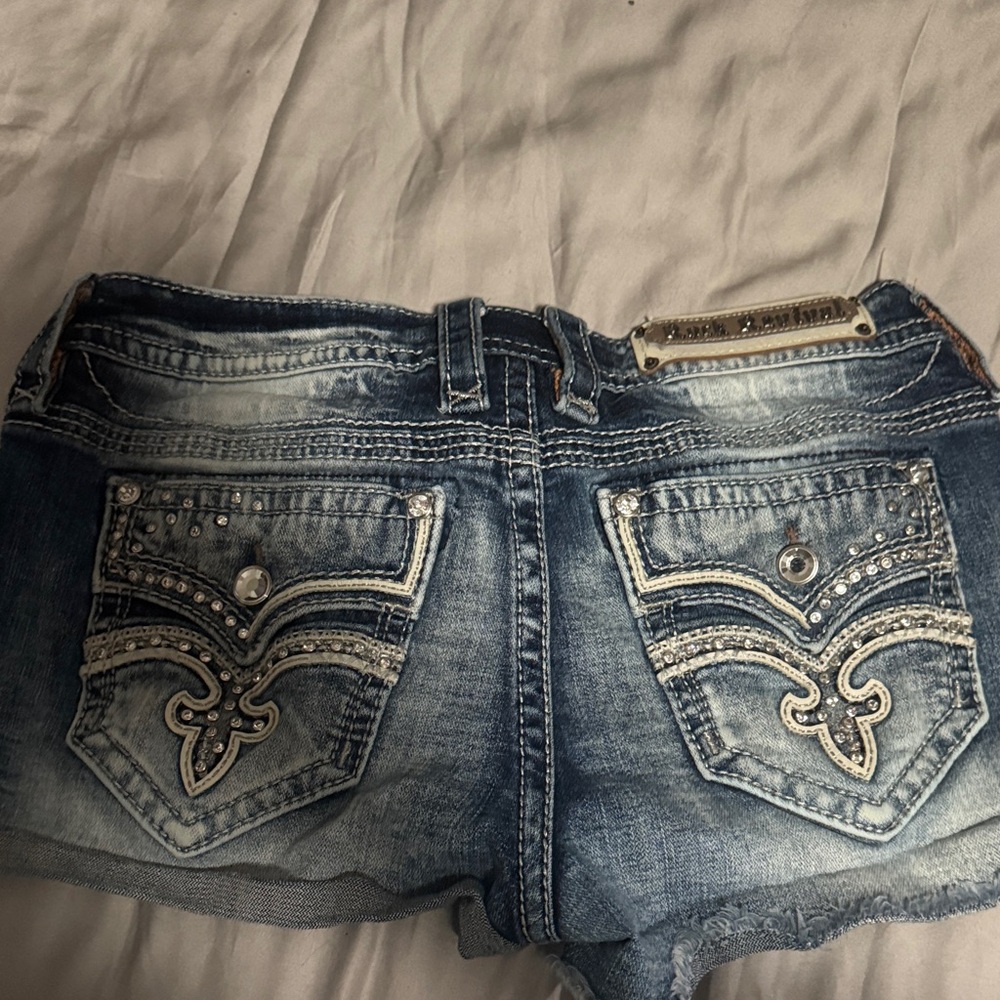 Rock Revival Blue Denim Shorts with Embellished Pockets